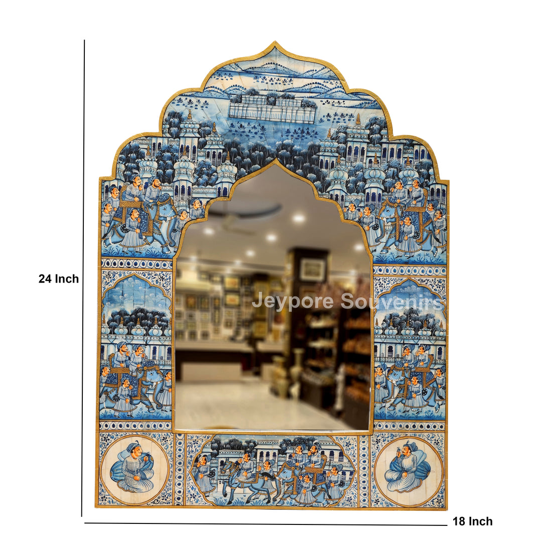 Handcrafted Blue Pottery Style Royal Palace Camel Bone Inlay Wall Mirror