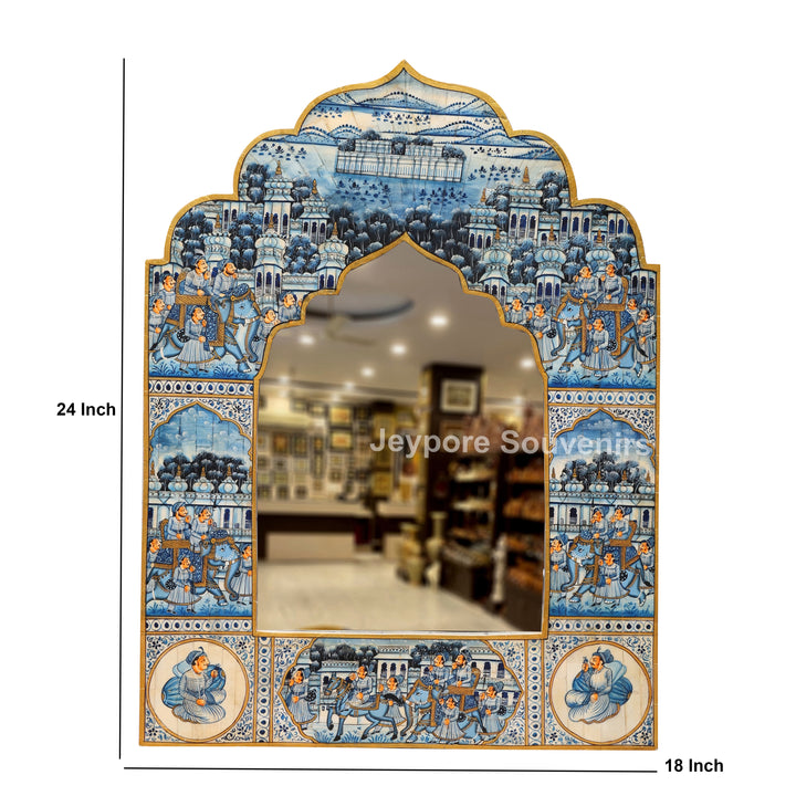 Handcrafted Blue Pottery Style Royal Palace Camel Bone Inlay Wall Mirror