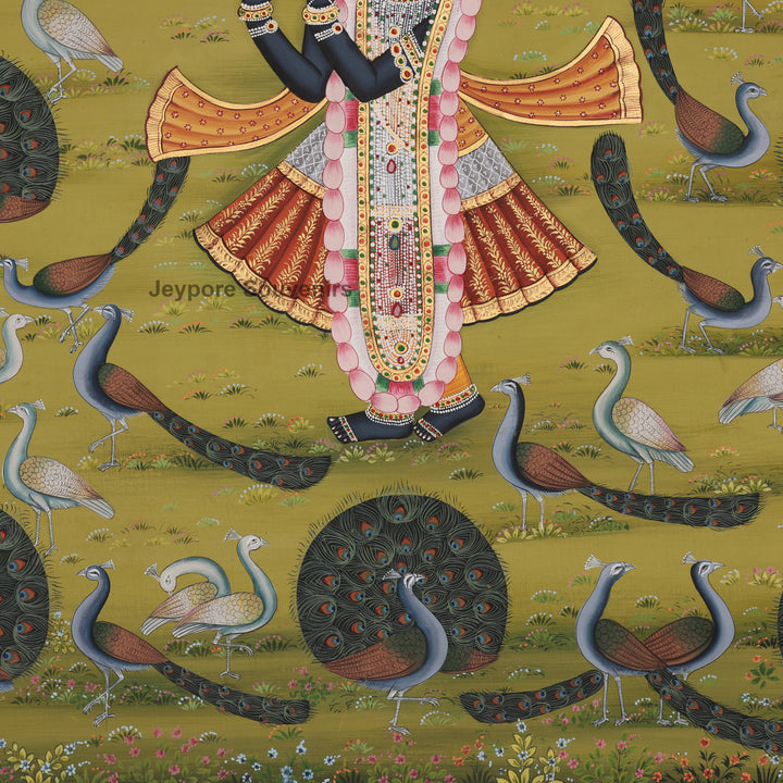 Hand-Painted Krishna in a Peacock Garden – Pichwai