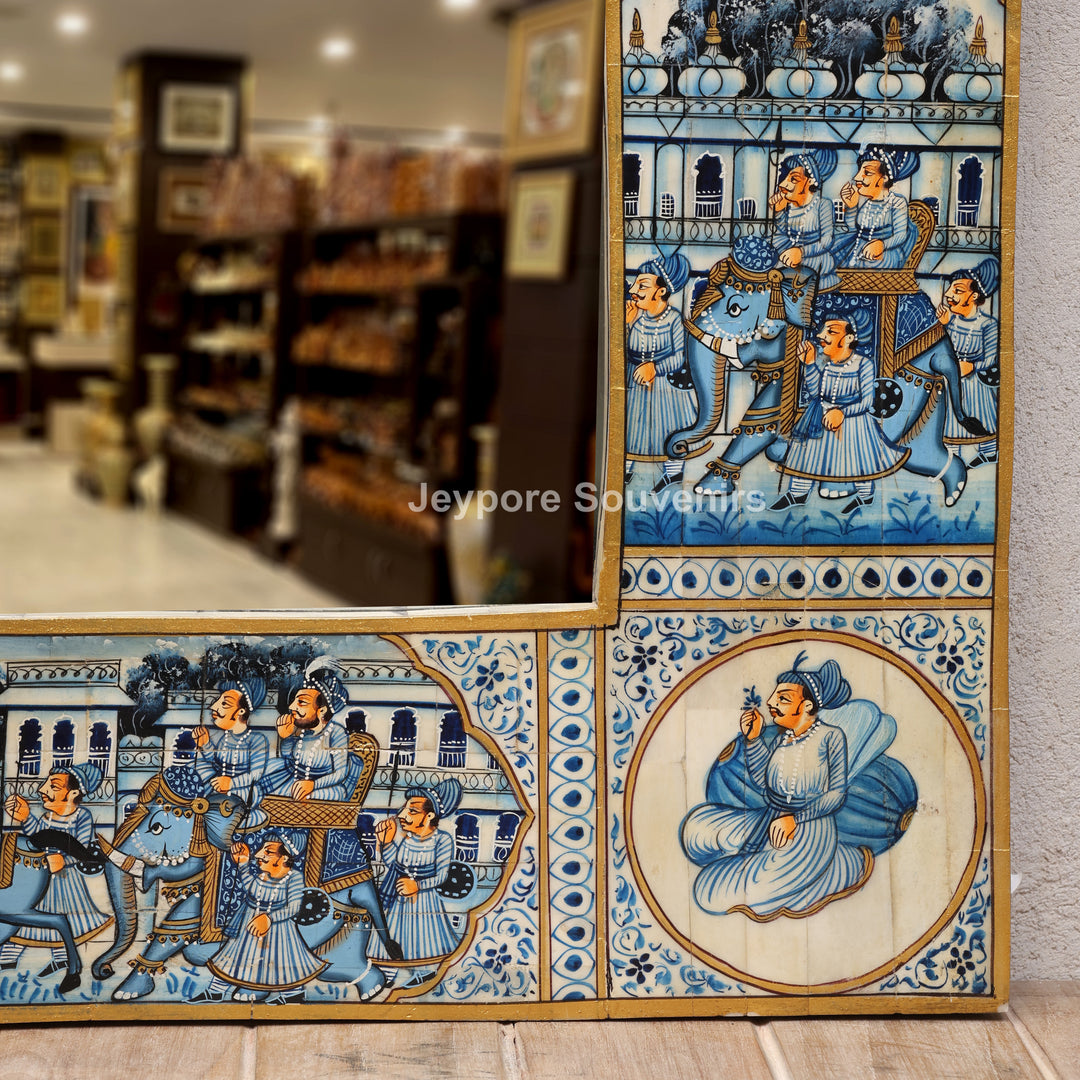 Handcrafted Blue Pottery Style Royal Palace Camel Bone Inlay Wall Mirror