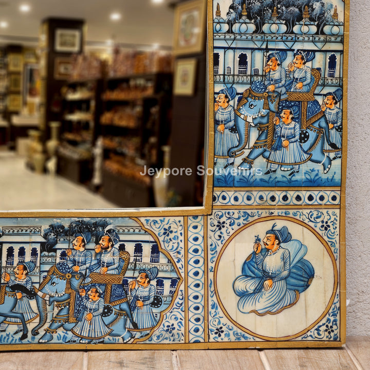 Handcrafted Blue Pottery Style Royal Palace Camel Bone Inlay Wall Mirror