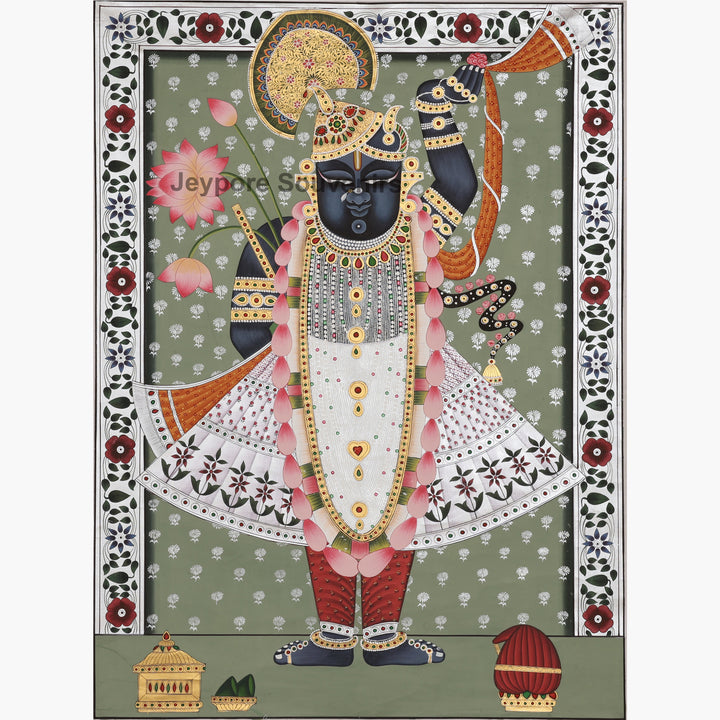 Krishna with Lotus and Ornate Floral Border - Hand-Painted Pichwai