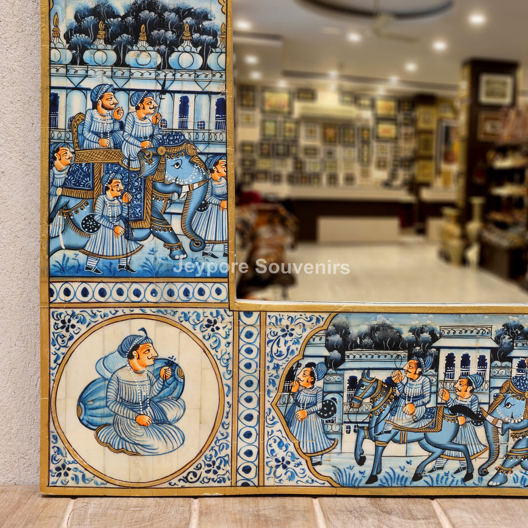 Handcrafted Blue Pottery Style Royal Palace Camel Bone Inlay Wall Mirror
