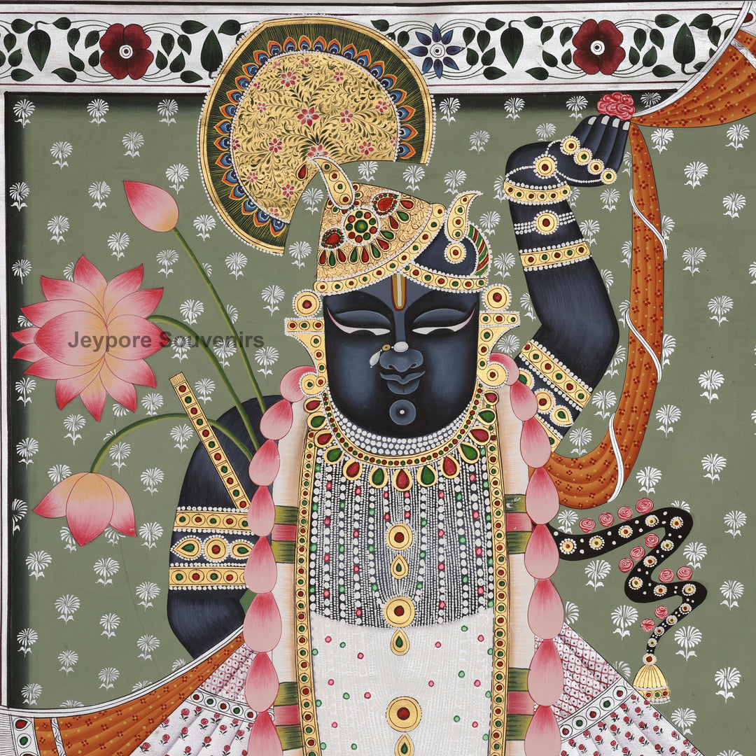 Krishna with Lotus and Ornate Floral Border - Hand-Painted Pichwai