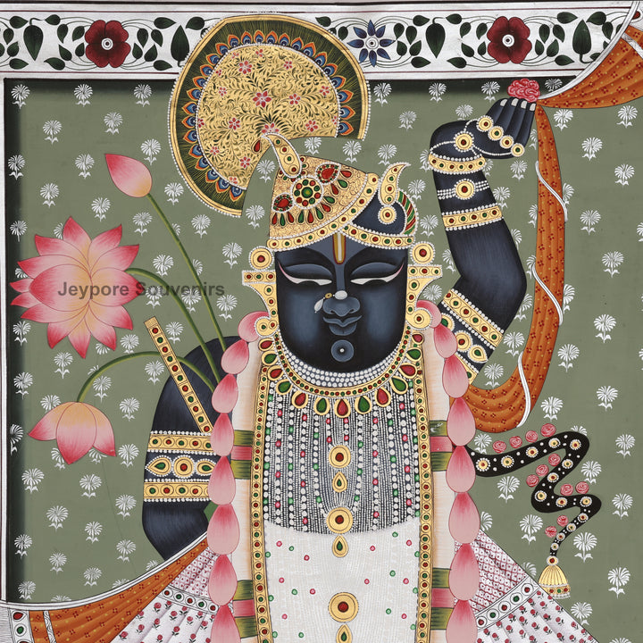 Krishna with Lotus and Ornate Floral Border - Hand-Painted Pichwai