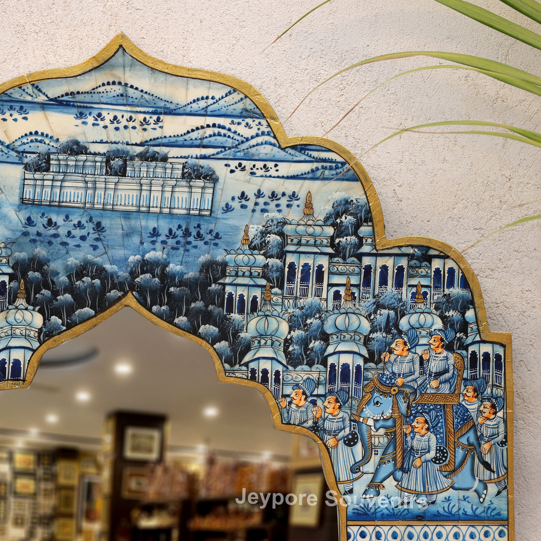 Handcrafted Blue Pottery Style Royal Palace Camel Bone Inlay Wall Mirror