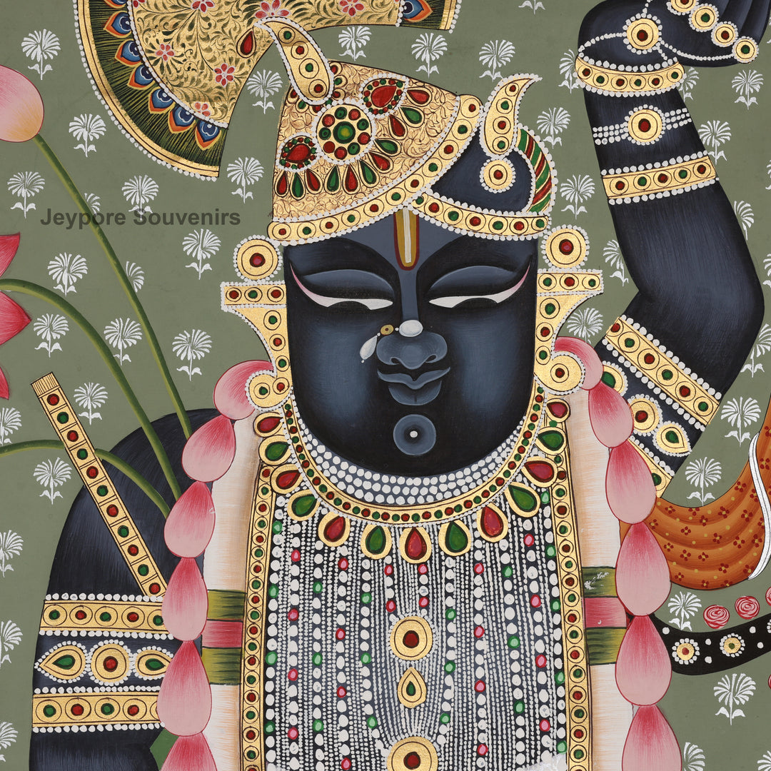 Krishna with Lotus and Ornate Floral Border - Hand-Painted Pichwai