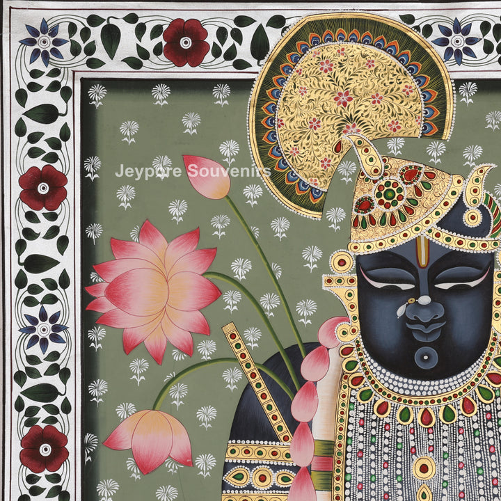 Krishna with Lotus and Ornate Floral Border - Hand-Painted Pichwai