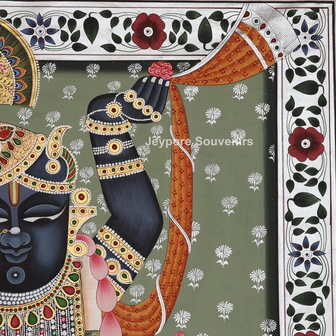 Krishna with Lotus and Ornate Floral Border - Hand-Painted Pichwai