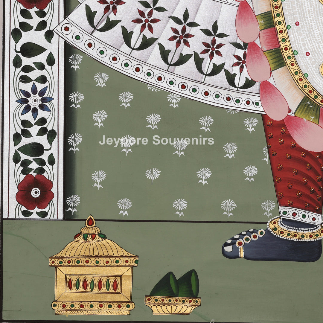 Krishna with Lotus and Ornate Floral Border - Hand-Painted Pichwai