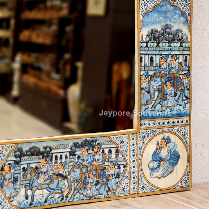 Handcrafted Blue Pottery Style Royal Palace Camel Bone Inlay Wall Mirror
