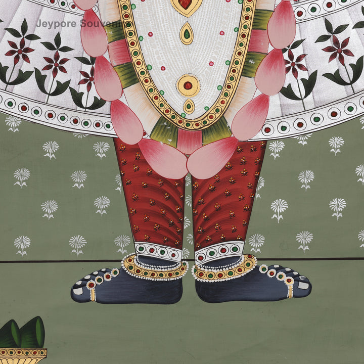 Krishna with Lotus and Ornate Floral Border - Hand-Painted Pichwai