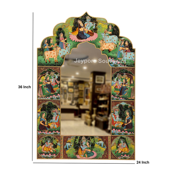Radha Krishna Pichwai Style Decorative Wooden Wall Mirror