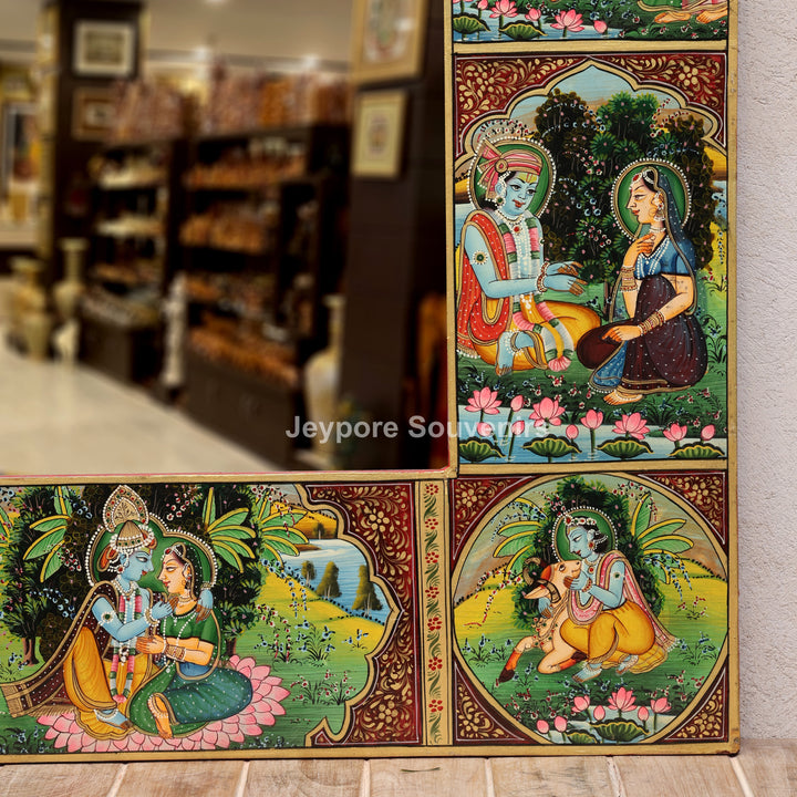 Radha Krishna Pichwai Style Decorative Wooden Wall Mirror