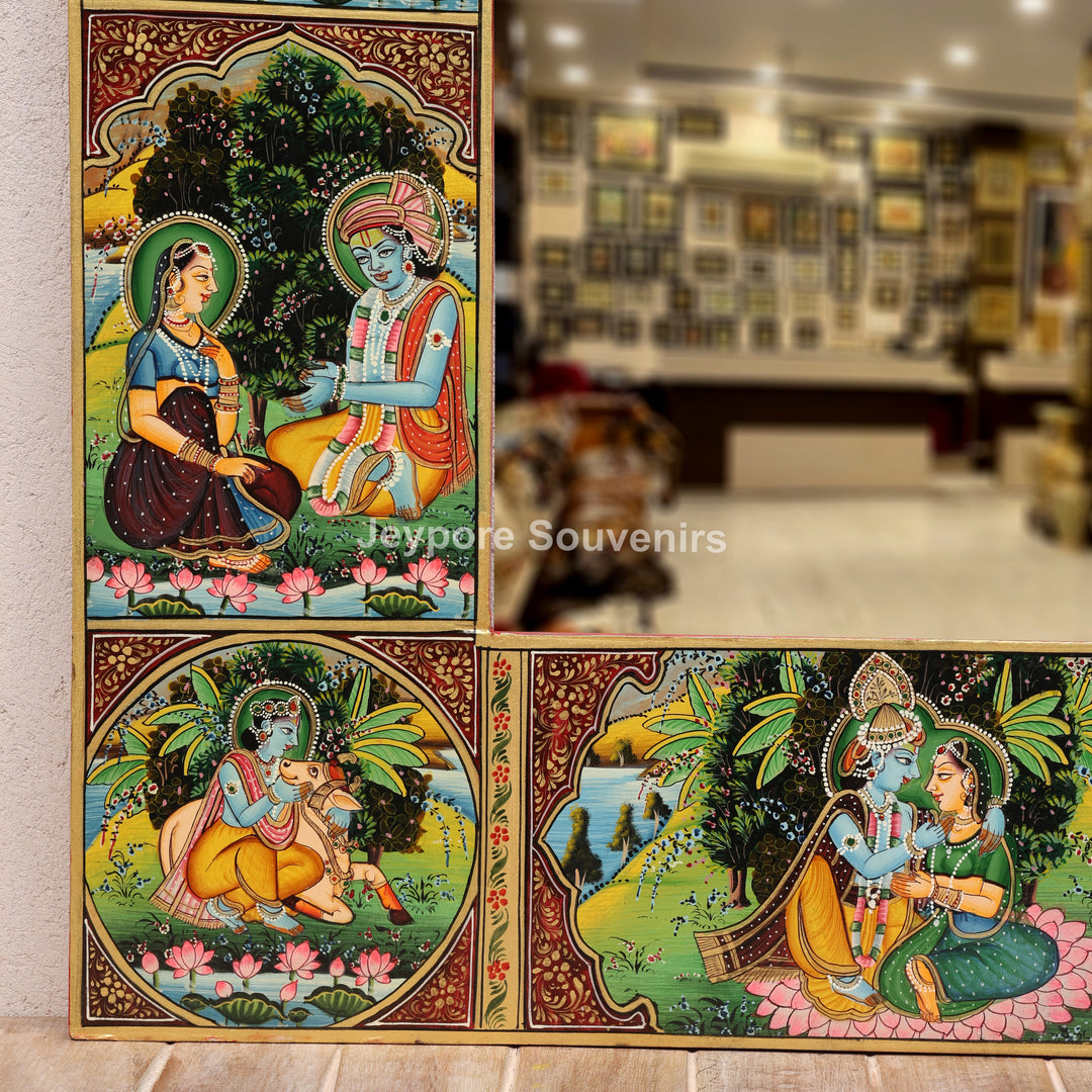 Radha Krishna Pichwai Style Decorative Wooden Wall Mirror