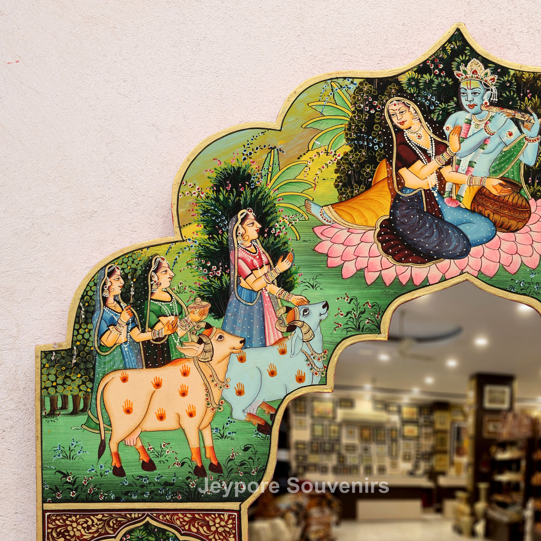 Radha Krishna Pichwai Style Decorative Wooden Wall Mirror