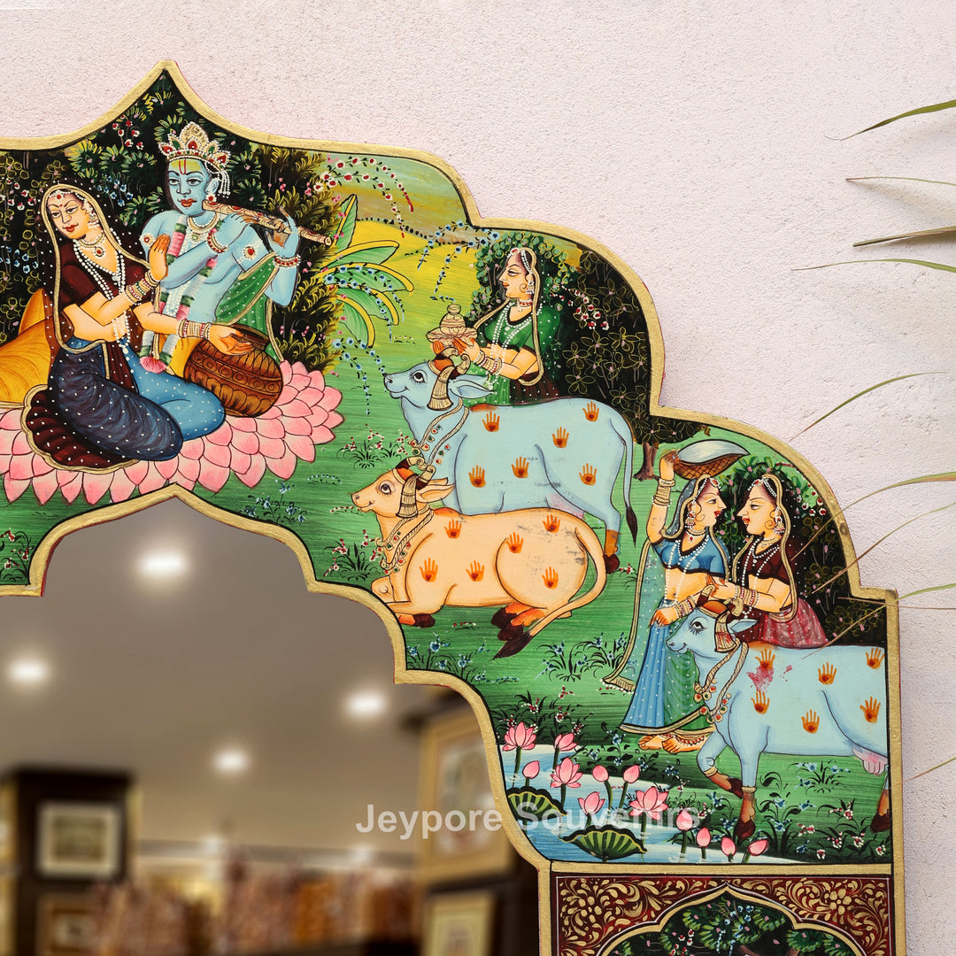 Radha Krishna Pichwai Style Decorative Wooden Wall Mirror
