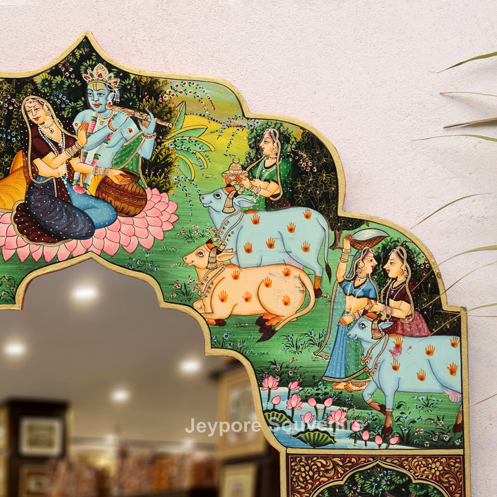 Radha Krishna Pichwai Style Decorative Wooden Wall Mirror
