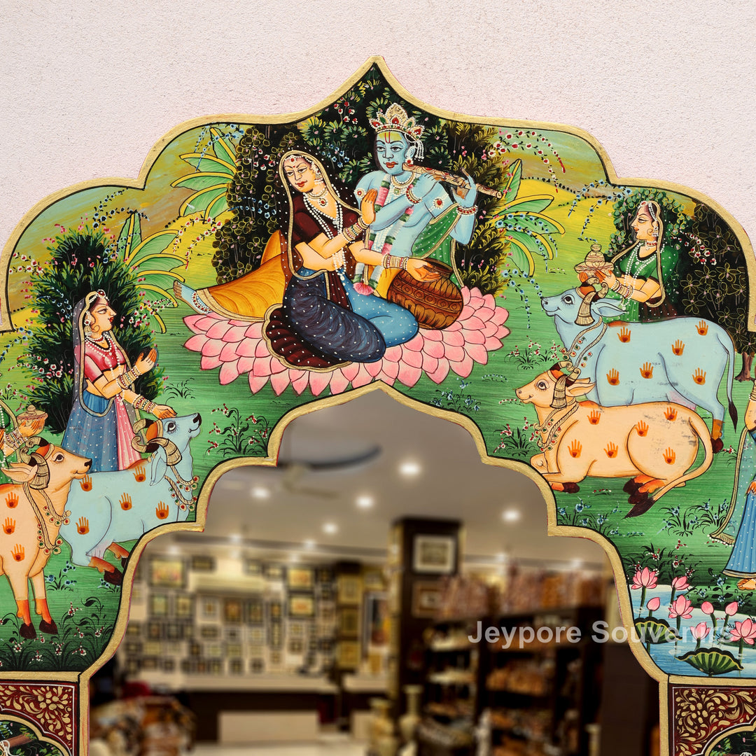 Radha Krishna Pichwai Style Decorative Wooden Wall Mirror
