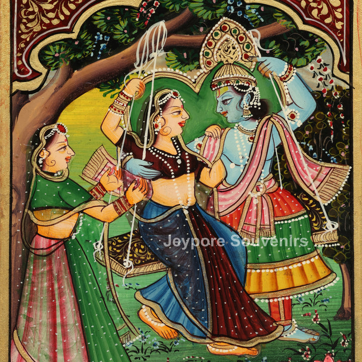 Radha Krishna Pichwai Style Decorative Wooden Wall Mirror
