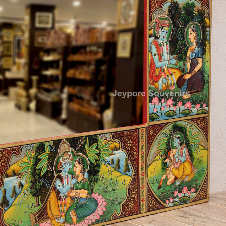 Radha Krishna Pichwai Style Decorative Wooden Wall Mirror