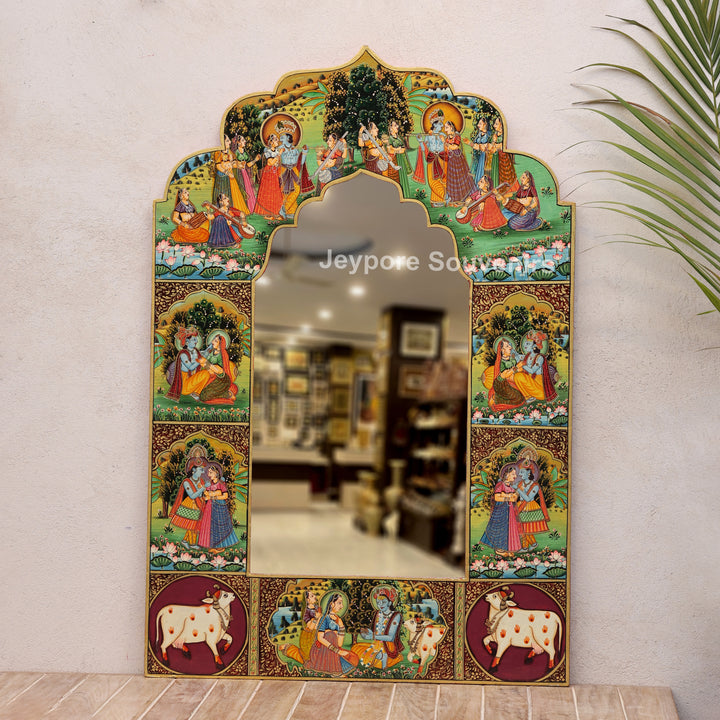 Radha Krishna Pichwai Wall Mirror with Traditional Rajasthani Miniature Art