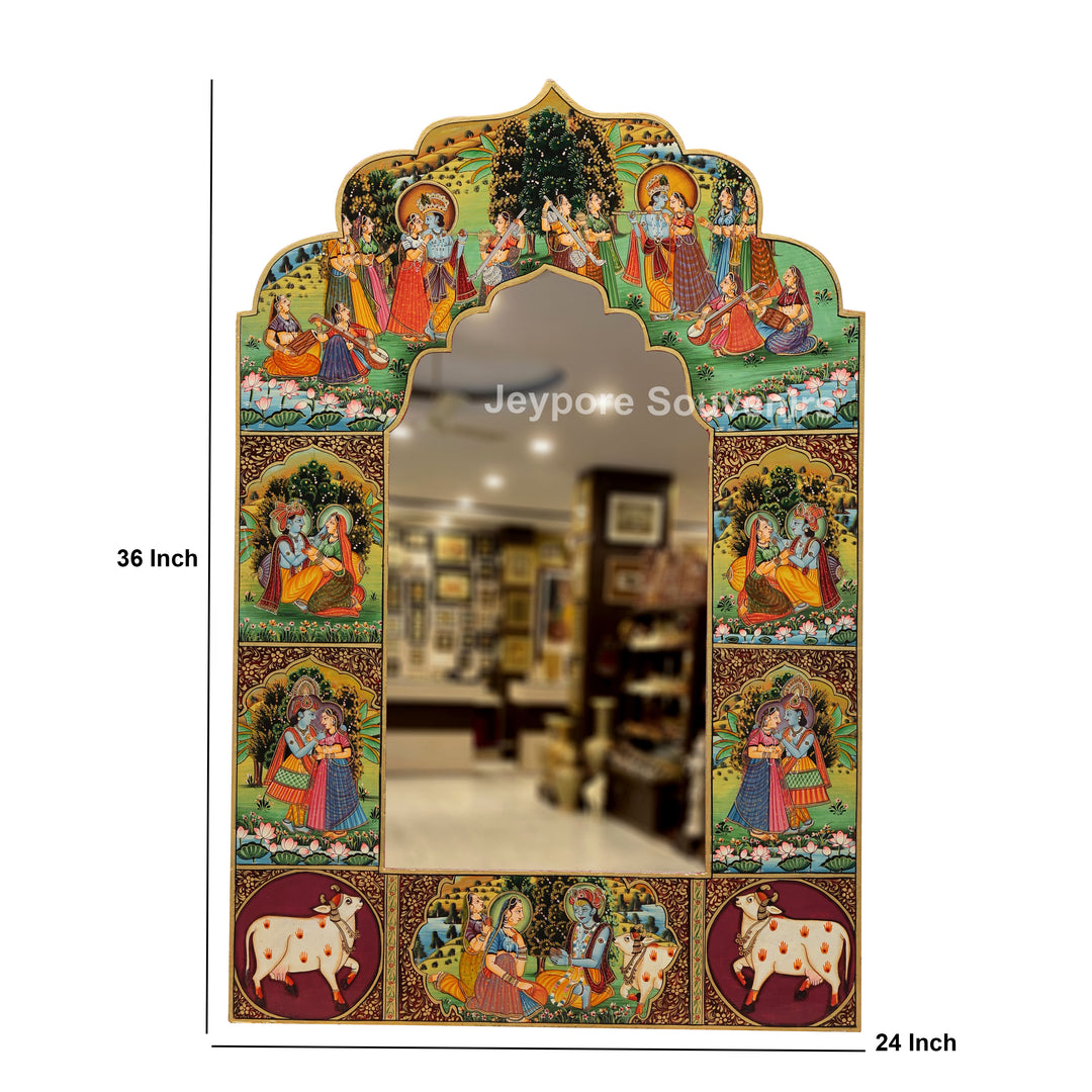 Radha Krishna Pichwai Wall Mirror with Traditional Rajasthani Miniature Art