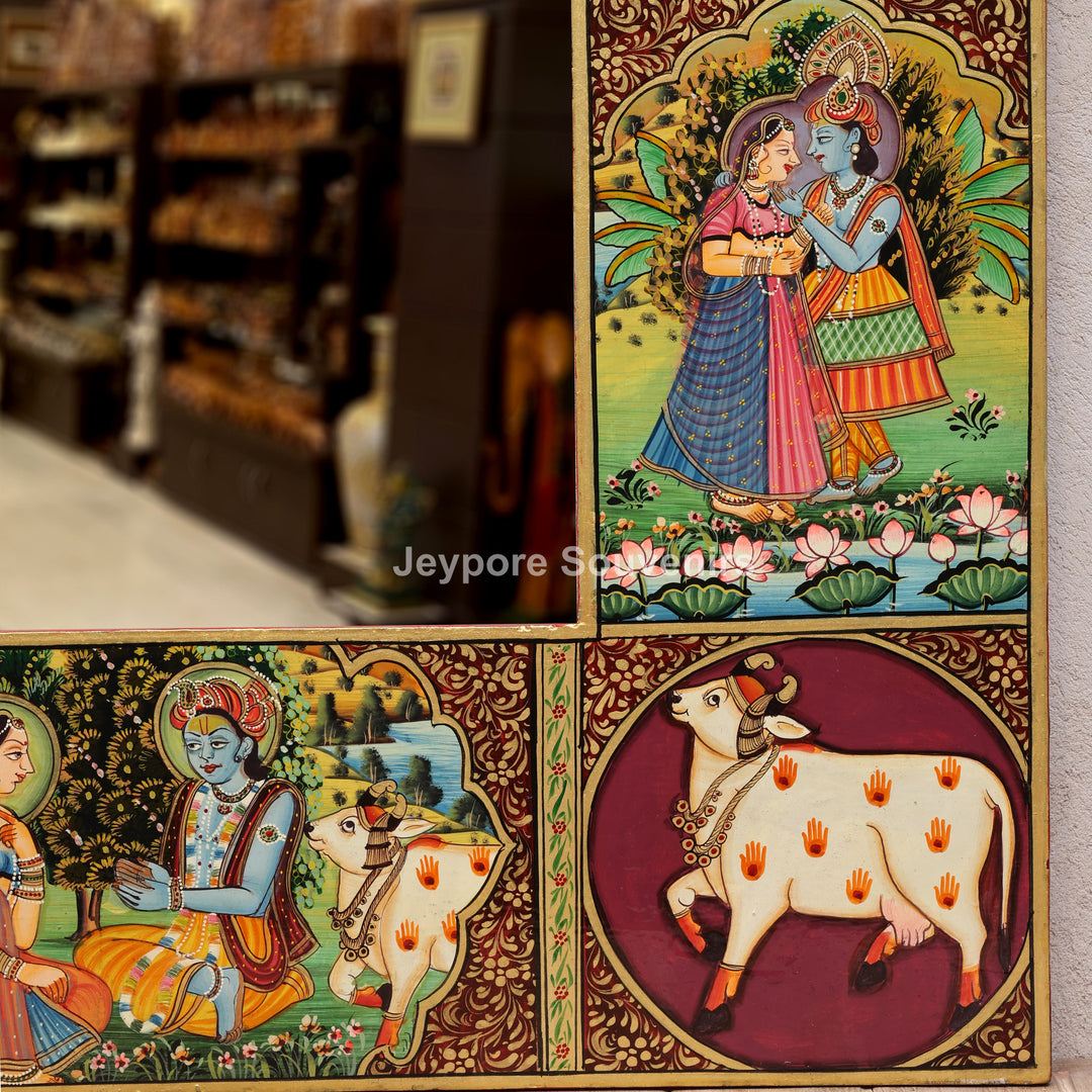 Radha Krishna Pichwai Wall Mirror with Traditional Rajasthani Miniature Art