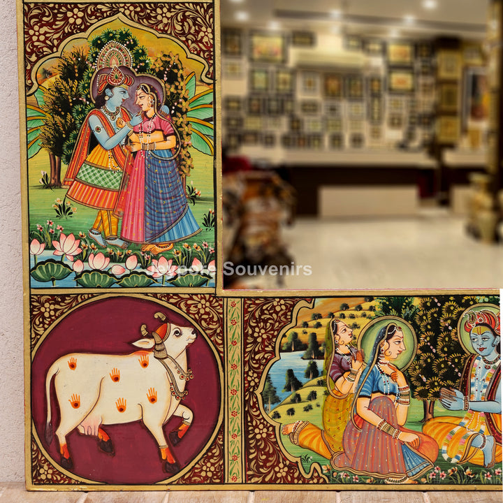 Radha Krishna Pichwai Wall Mirror with Traditional Rajasthani Miniature Art