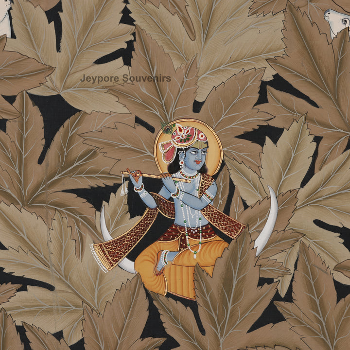 Krishna in Leaf Design – Hand-Painted Pichwai