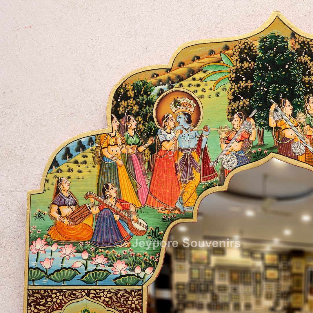 Radha Krishna Pichwai Wall Mirror with Traditional Rajasthani Miniature Art