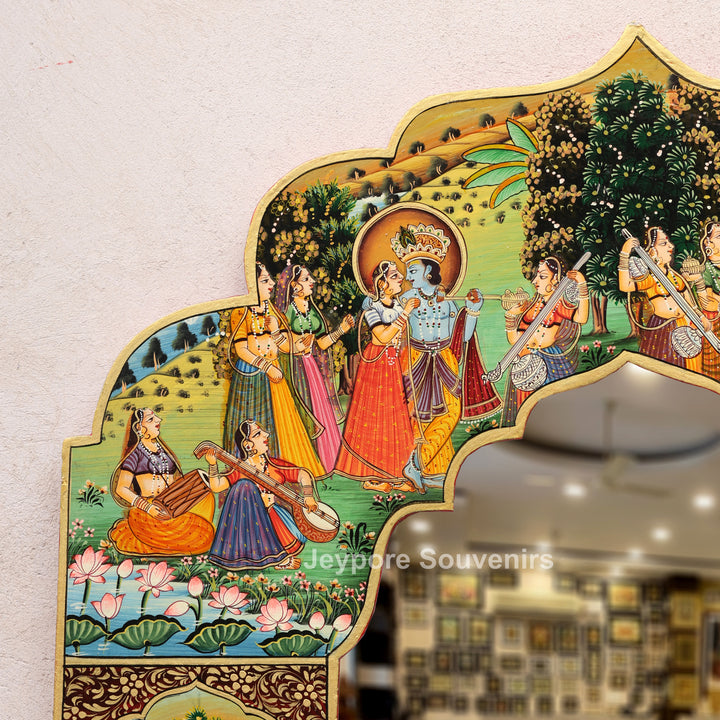 Radha Krishna Pichwai Wall Mirror with Traditional Rajasthani Miniature Art