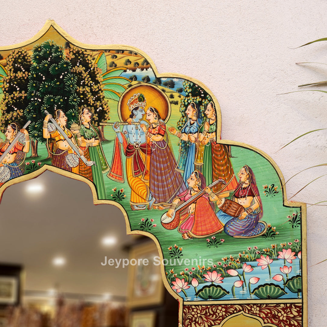 Radha Krishna Pichwai Wall Mirror with Traditional Rajasthani Miniature Art