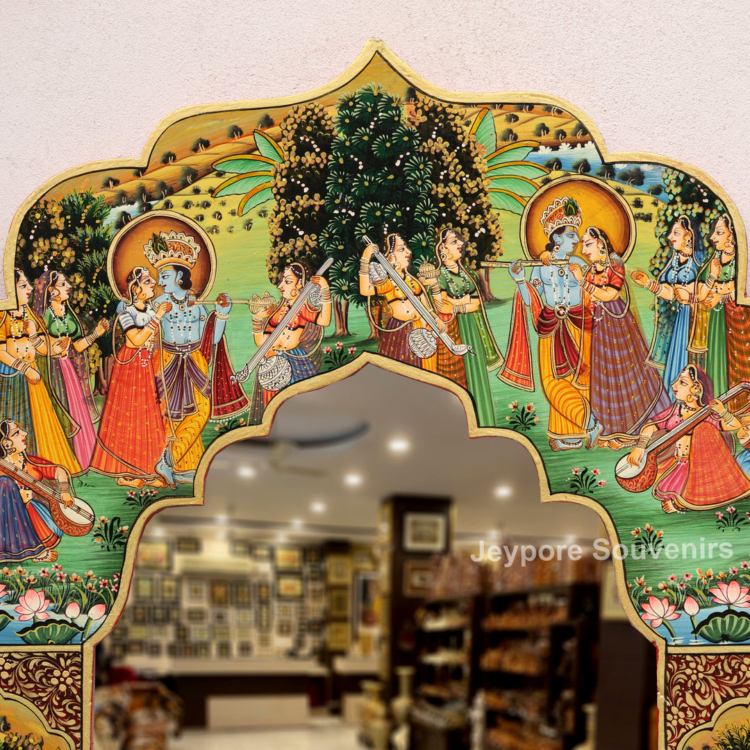 Radha Krishna Pichwai Wall Mirror with Traditional Rajasthani Miniature Art