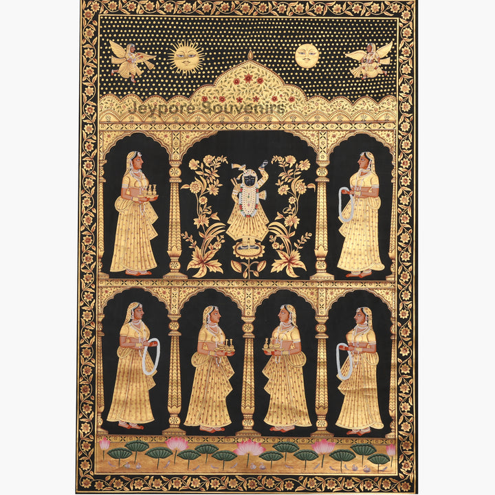 Krishna with Devotees in a Golden Temple - Pichwai
