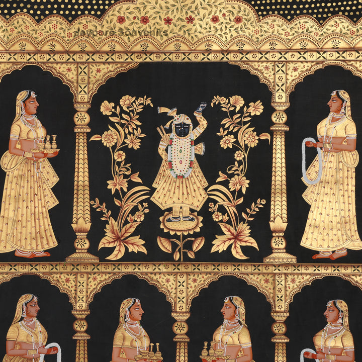 Krishna with Devotees in a Golden Temple - Pichwai