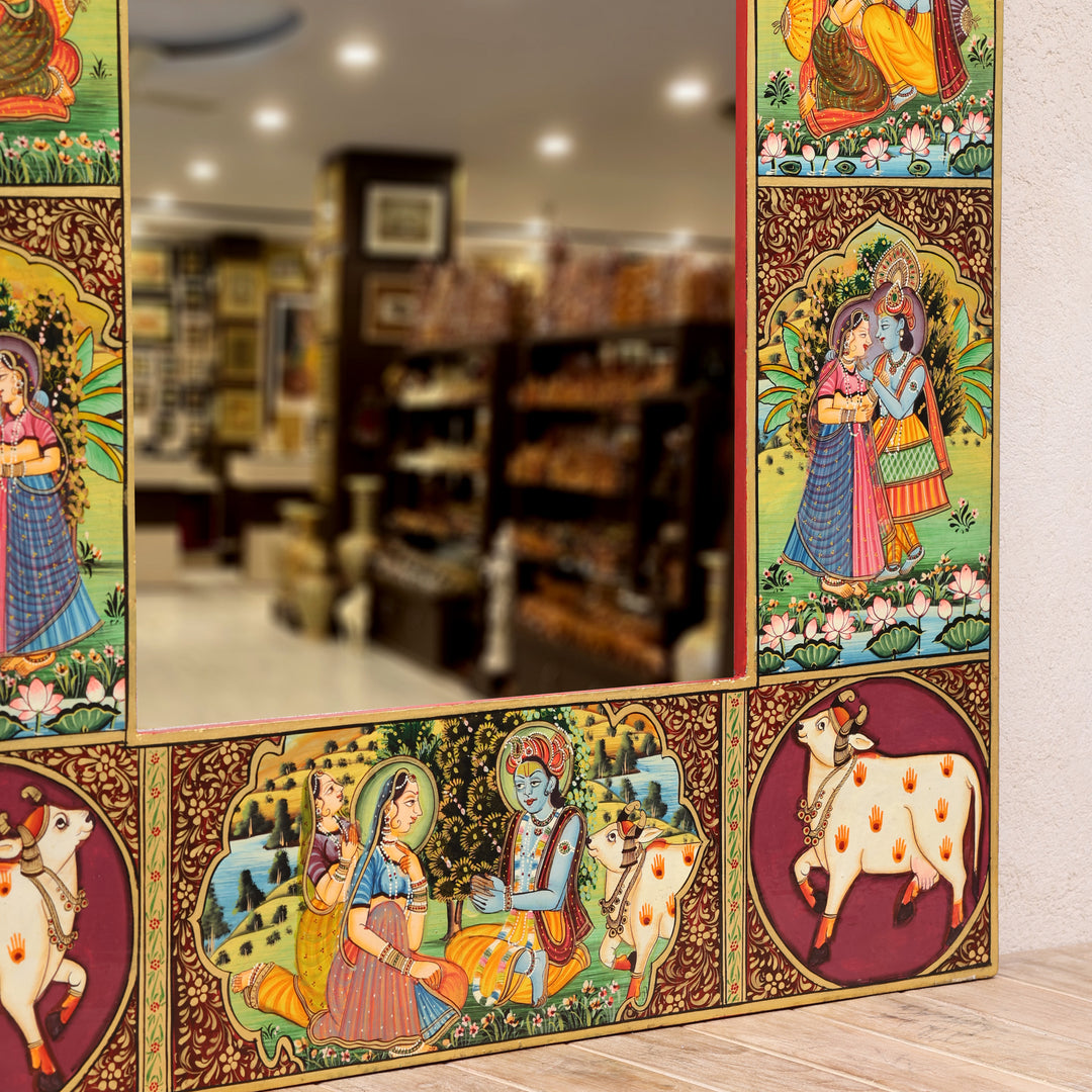 Radha Krishna Pichwai Wall Mirror with Traditional Rajasthani Miniature Art