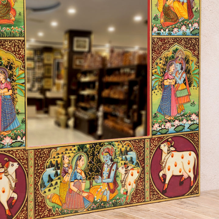 Radha Krishna Pichwai Wall Mirror with Traditional Rajasthani Miniature Art
