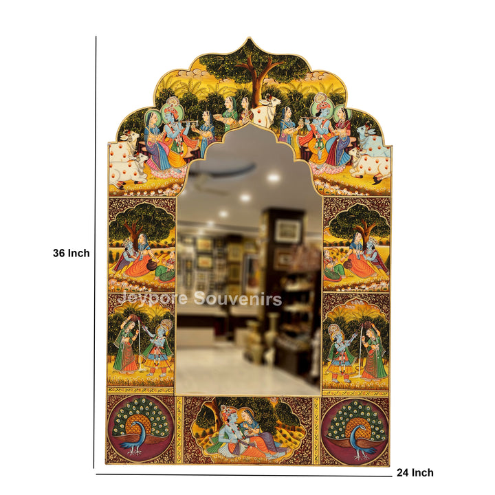 Handcrafted Radha Krishna Pichwai Wooden Wall Mirror