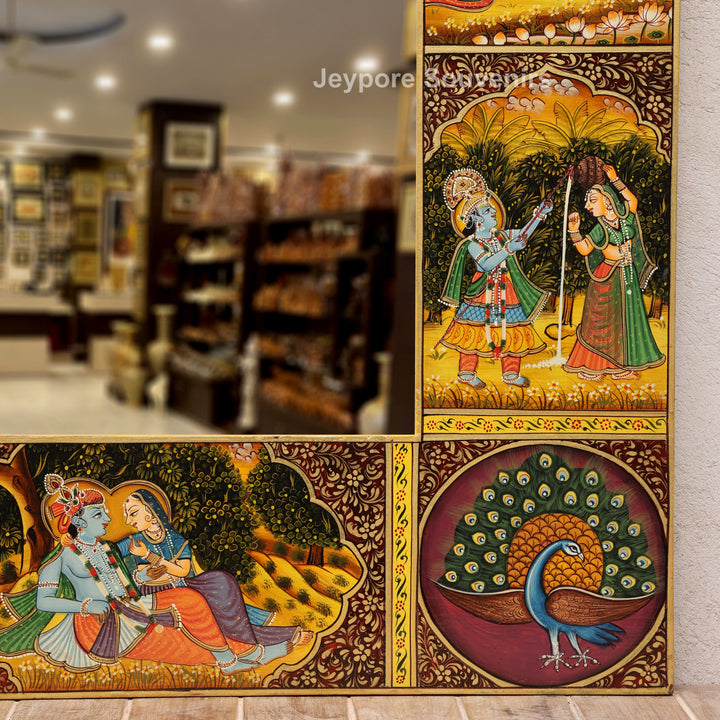 Handcrafted Radha Krishna Pichwai Wooden Wall Mirror