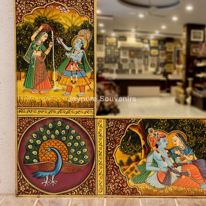 Handcrafted Radha Krishna Pichwai Wooden Wall Mirror