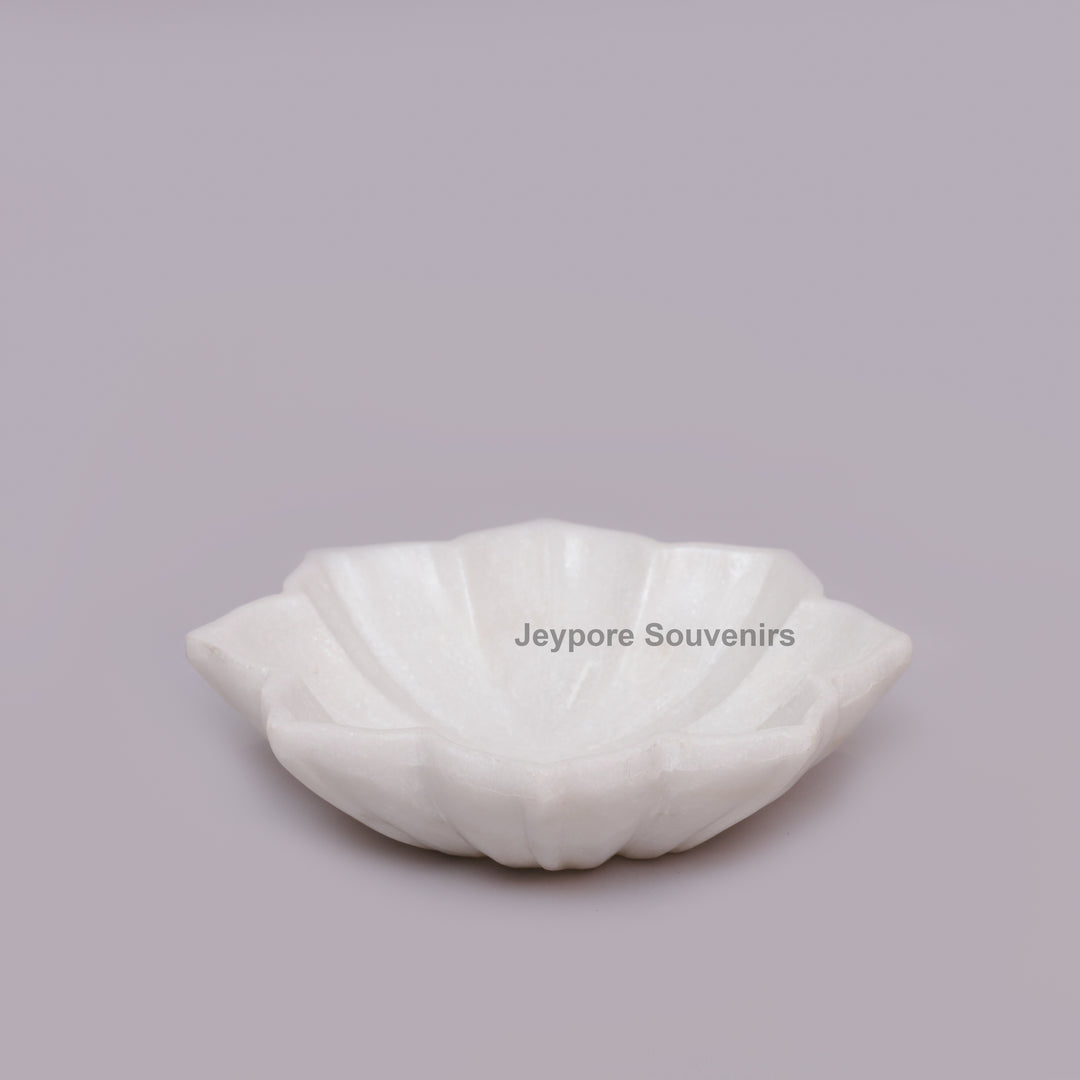 Handcrafted White Marble Flower Bowl with Scalloped Petal Design
