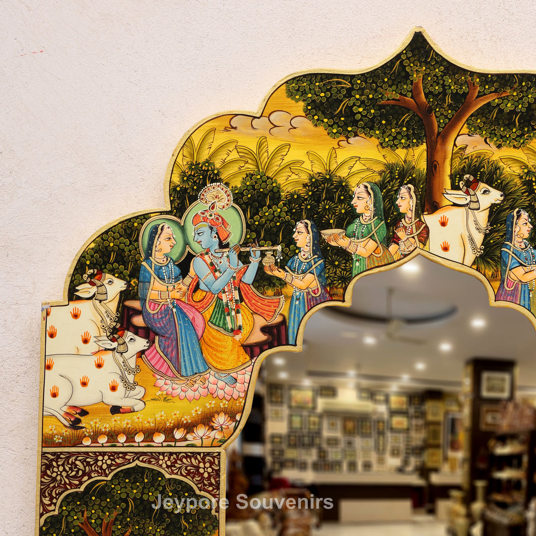 Handcrafted Radha Krishna Pichwai Wooden Wall Mirror