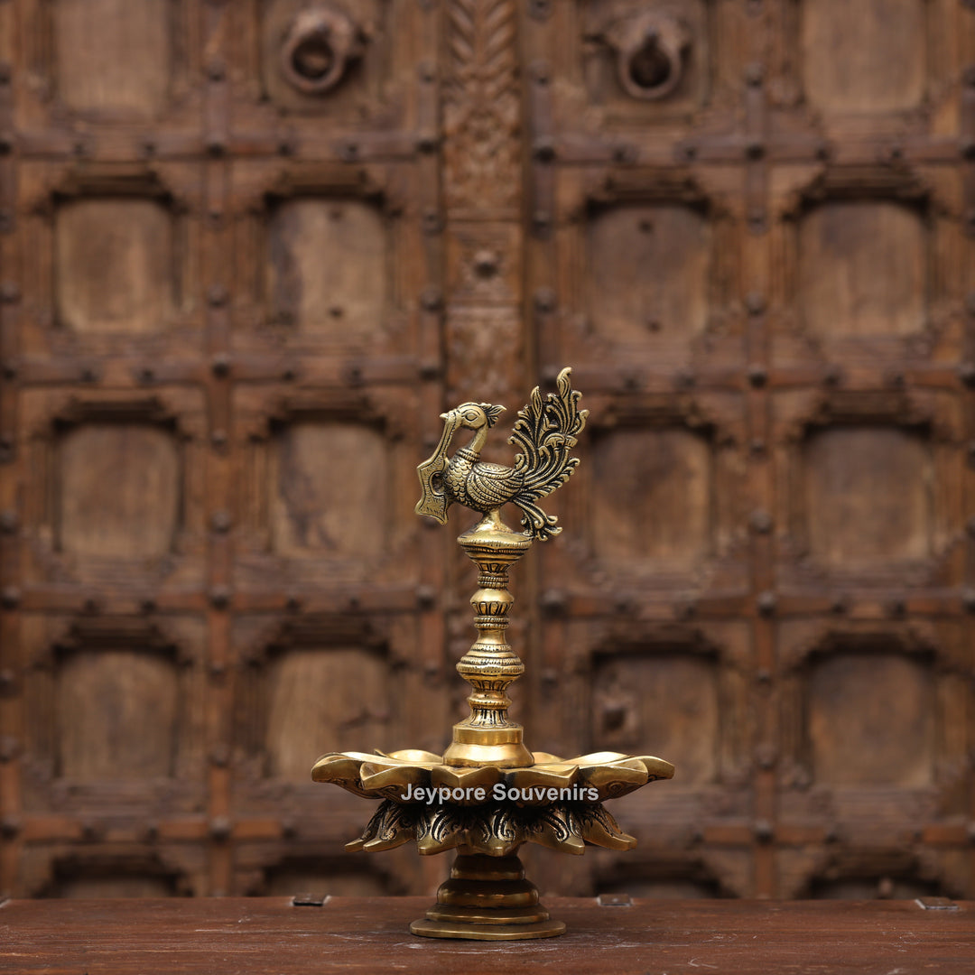 Handcrafted Brass Peacock Lotus Oil Lamp