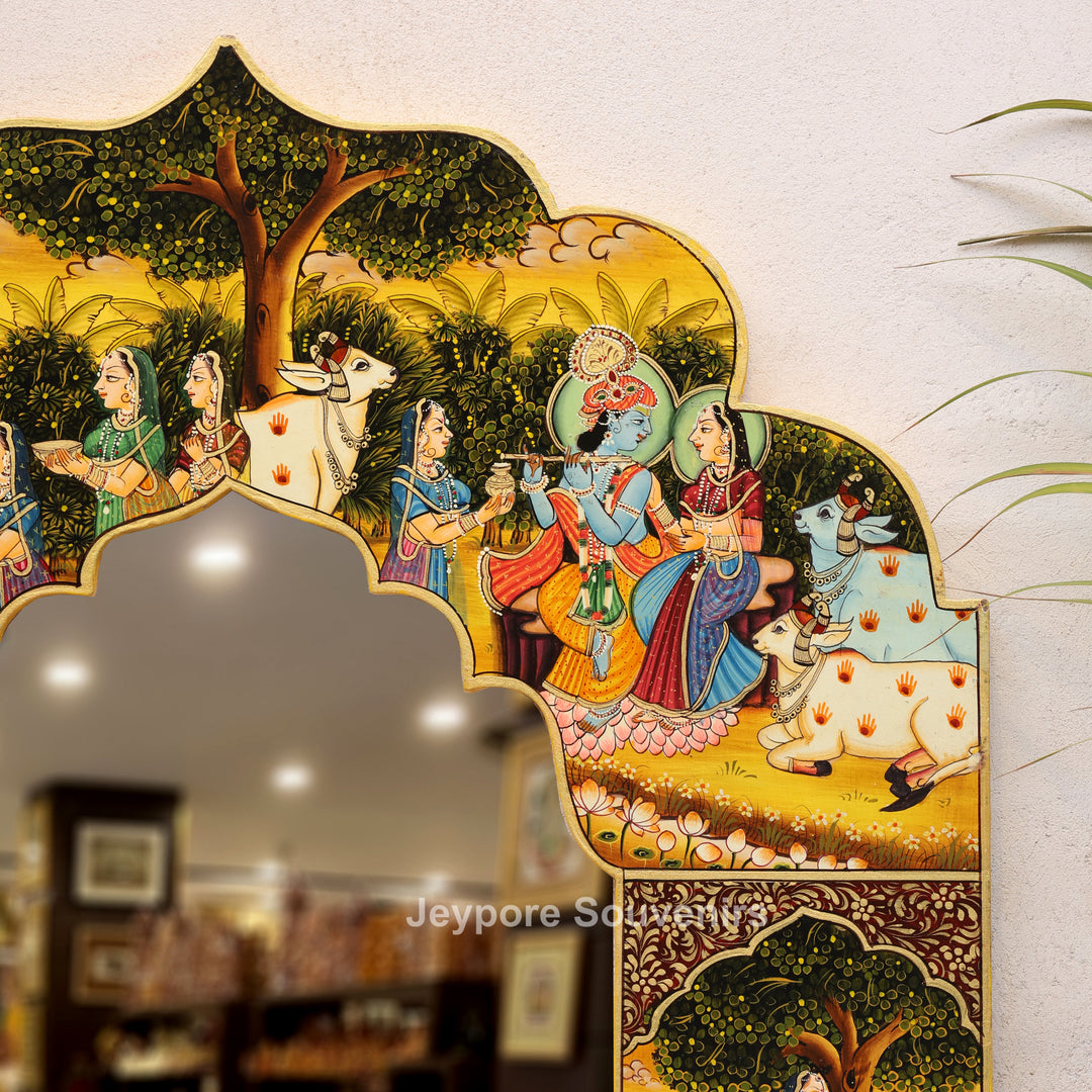 Handcrafted Radha Krishna Pichwai Wooden Wall Mirror