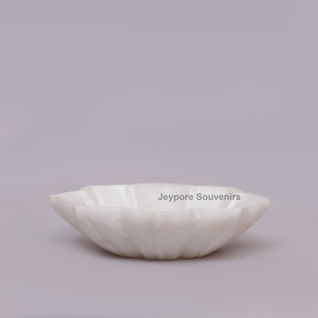 Handcrafted White Marble Flower Bowl with Scalloped Petal Design