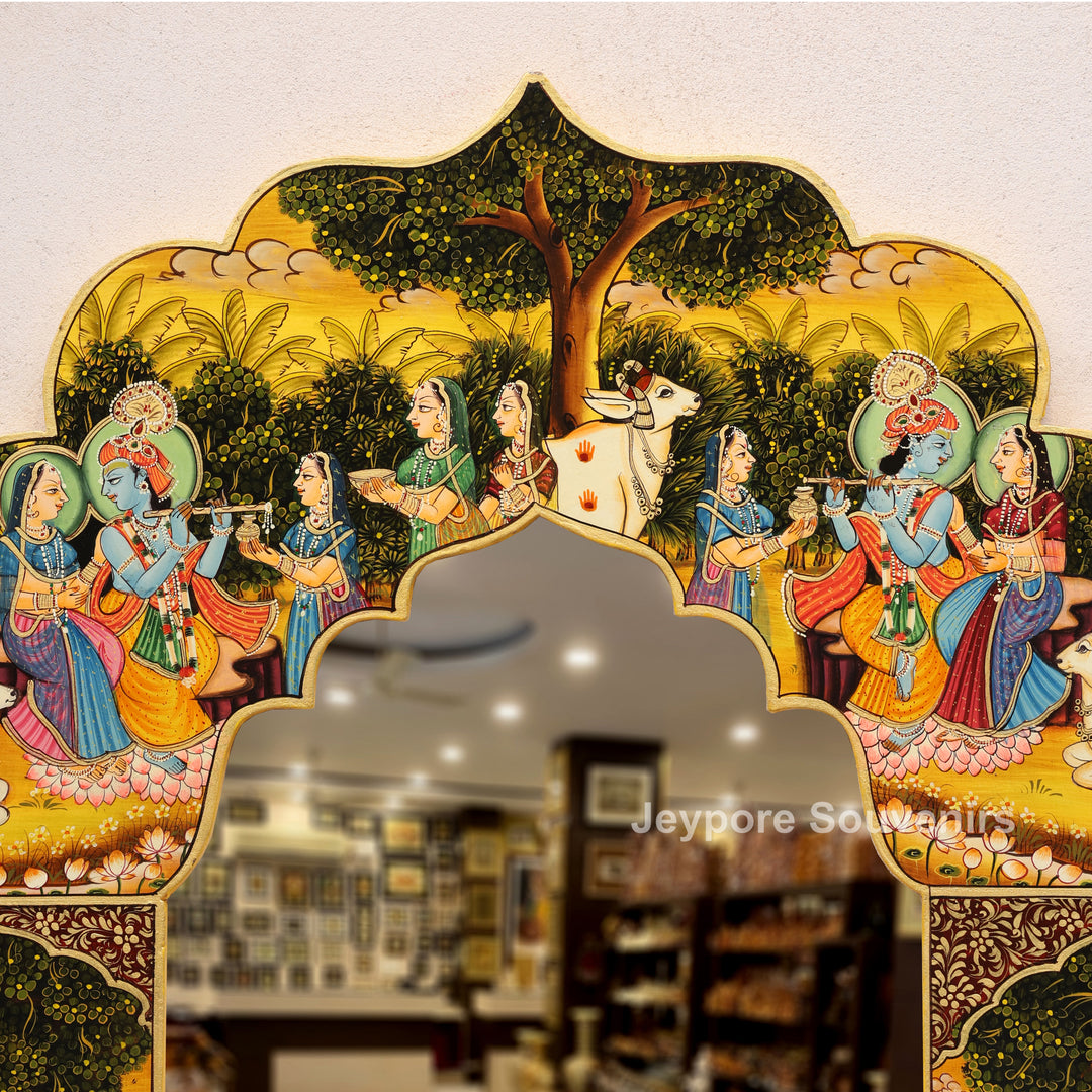 Handcrafted Radha Krishna Pichwai Wooden Wall Mirror