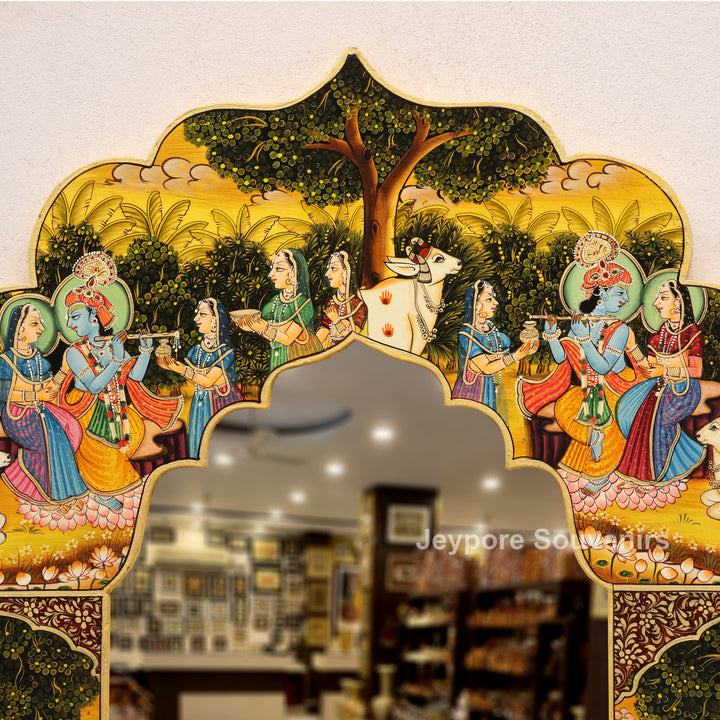 Handcrafted Radha Krishna Pichwai Wooden Wall Mirror