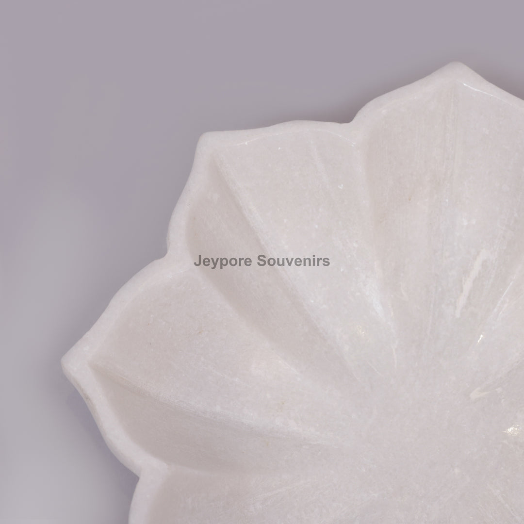 Handcrafted White Marble Flower Bowl with Scalloped Petal Design