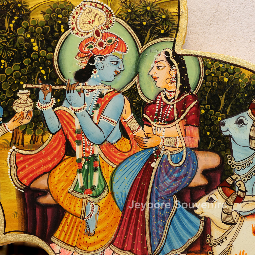 Handcrafted Radha Krishna Pichwai Wooden Wall Mirror